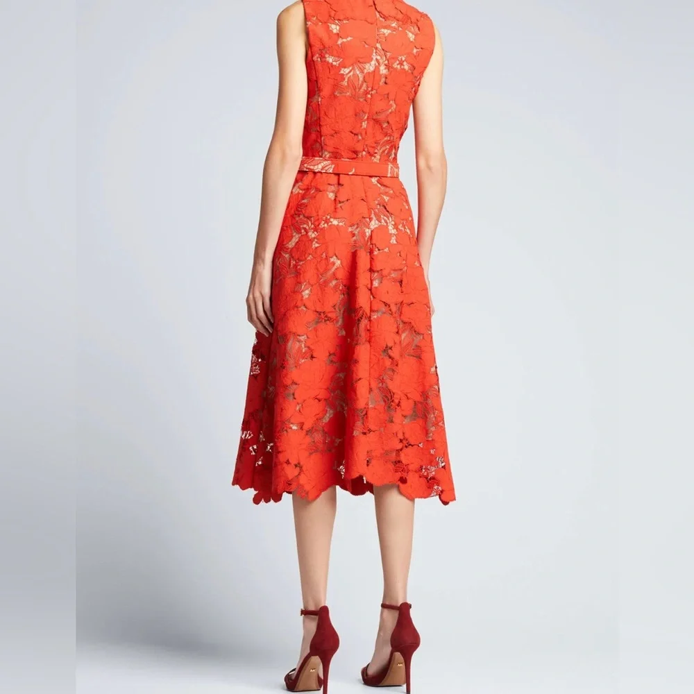 Oscar de la Renta Red Magnolia Belted Guipure Lace A-Line Dress in Sienna NWT 6 - Picture 2 of 6